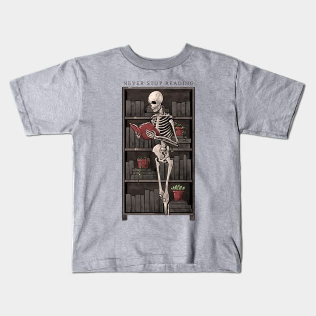 Never Stop Reading - Death Skull Book Gift Kids T-Shirt by eduely